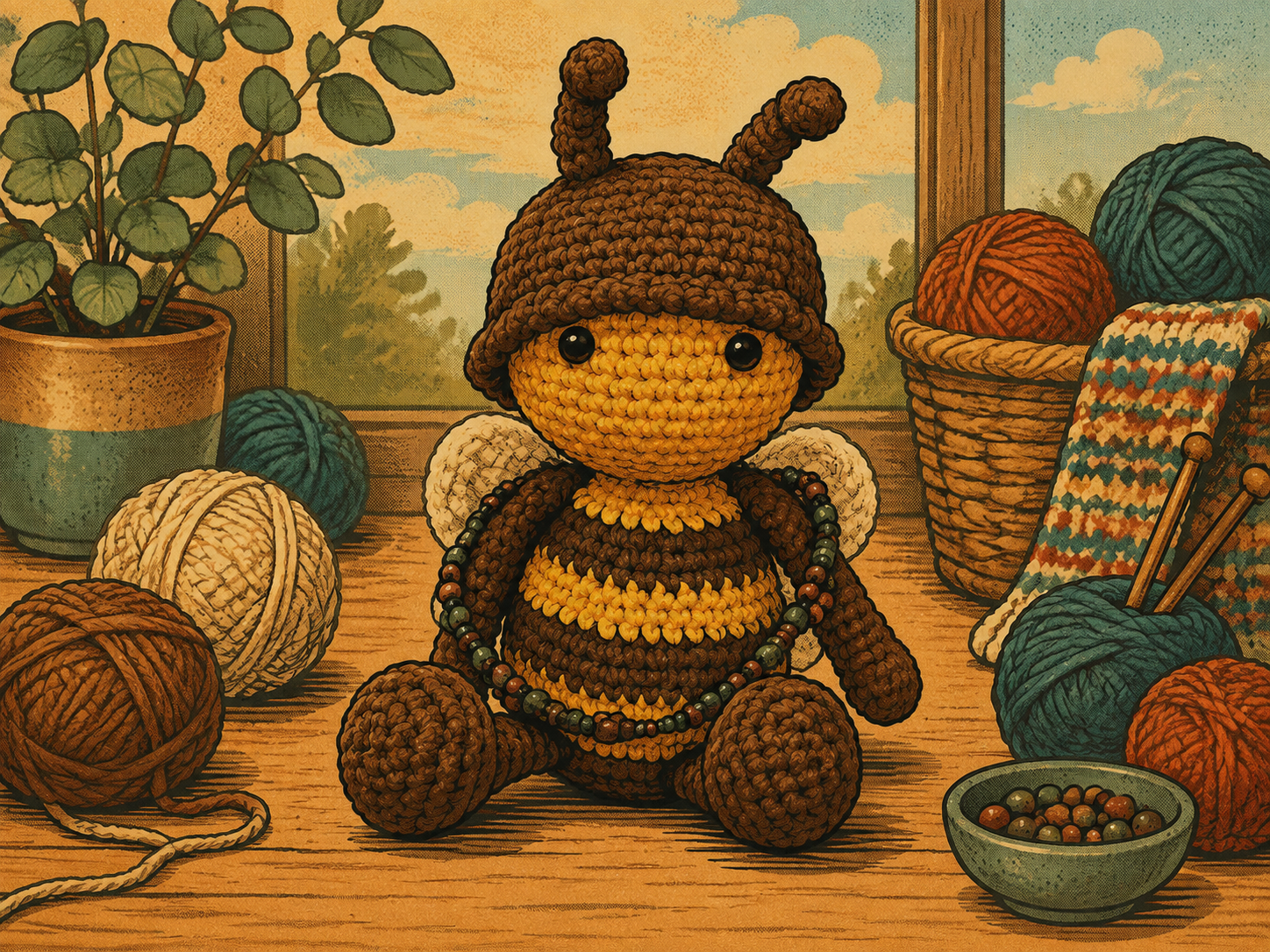 Comic illustration of the crocheted Beeju mascot sitting among yarn and knitting needles