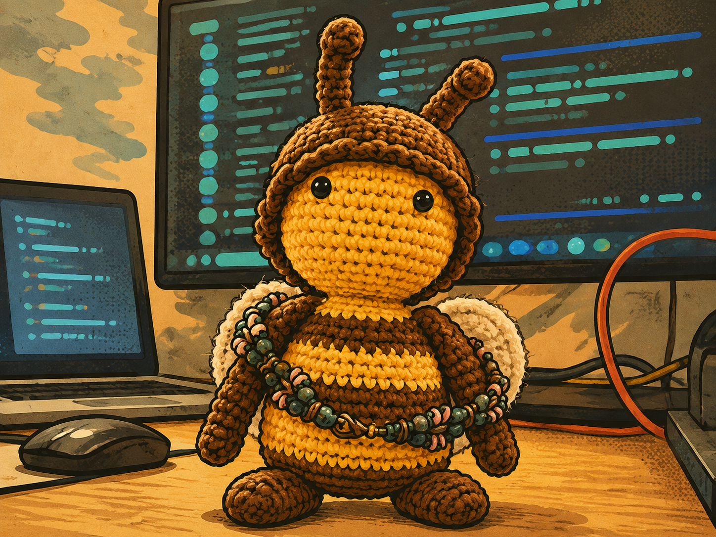 Comic illustration of the crocheted BeeTech mascot in front of computer screens