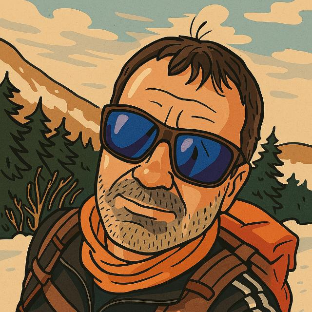 Comic portrait of Clive outdoors in the mountains