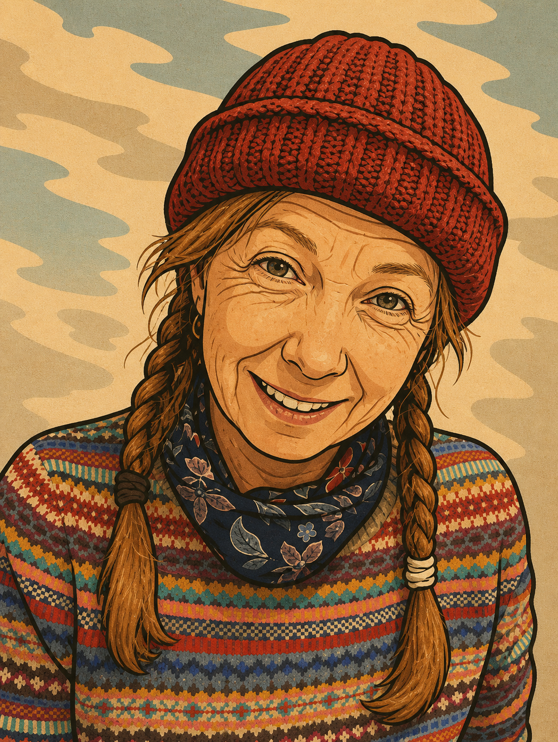 Comic portrait of Jude wearing a red knitted hat and colourful sweater