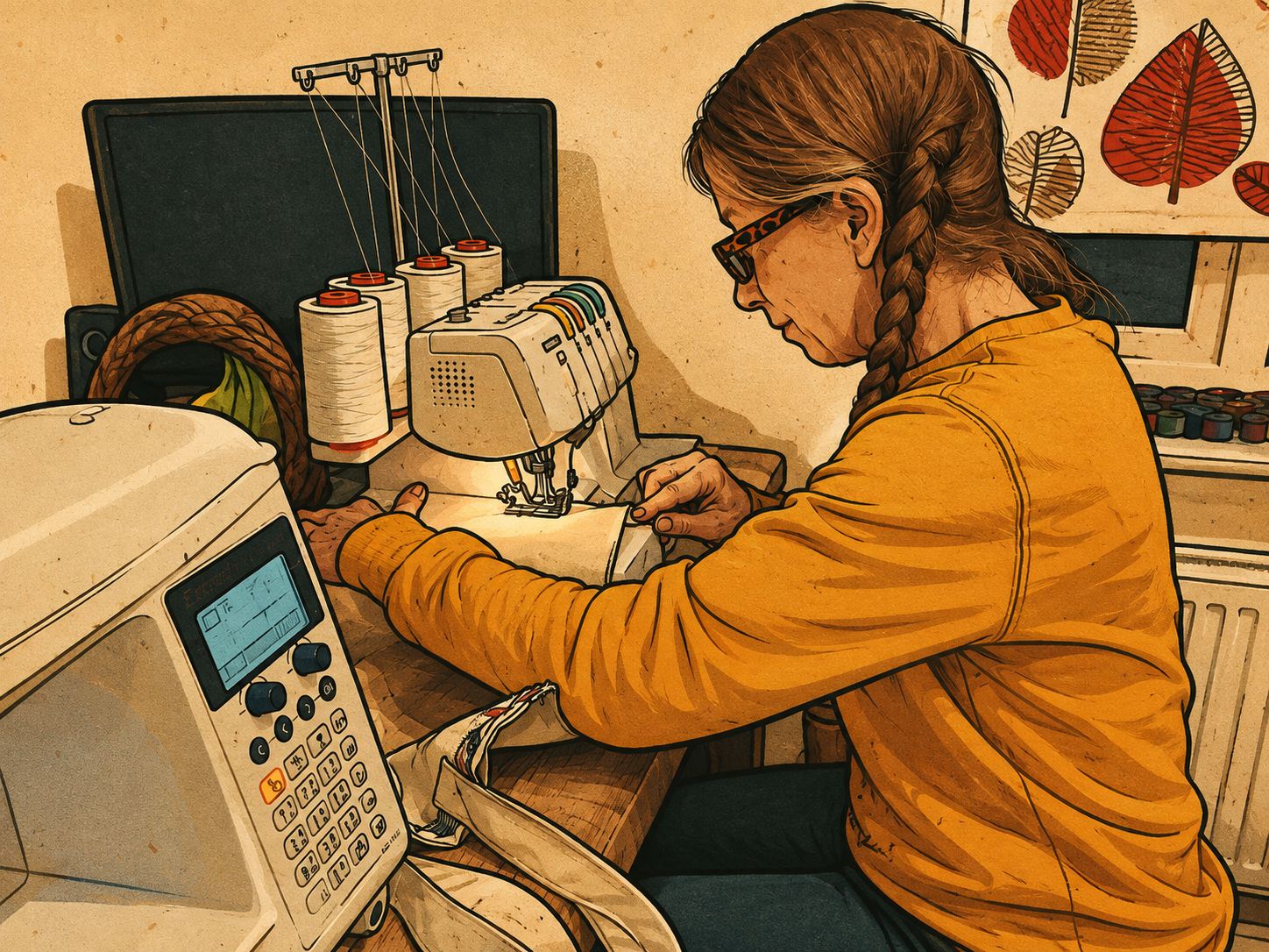 Comic illustration of Jude working at sewing machines