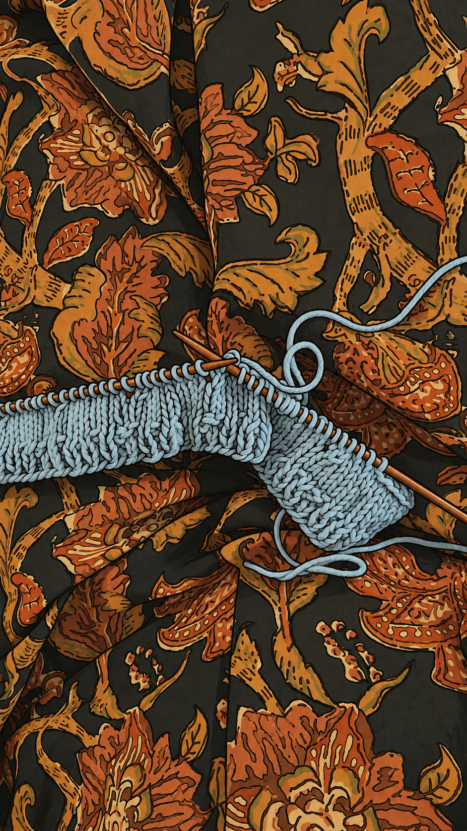 Comic illustration of blue cable knitting on wooden needles