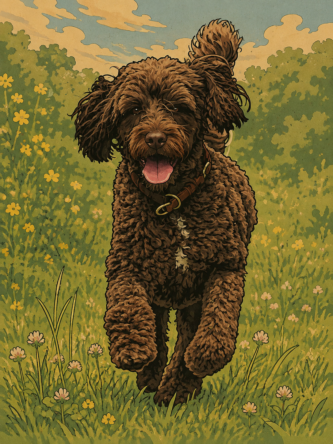 Comic portrait of Otto, a brown Portuguese Water Dog, running happily through a meadow